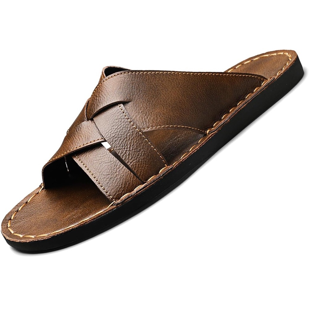 Men's Brown Leather Slide Sandals